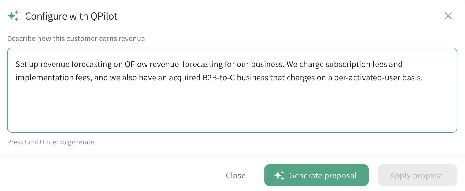 QPilot revenue forecasting setup prompt describing subscription, implementation, and per-activated-user revenue streams